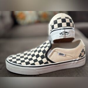 NEW VANS W 7.5 Asher, black and cream checkerboard slip ons. Retail $119